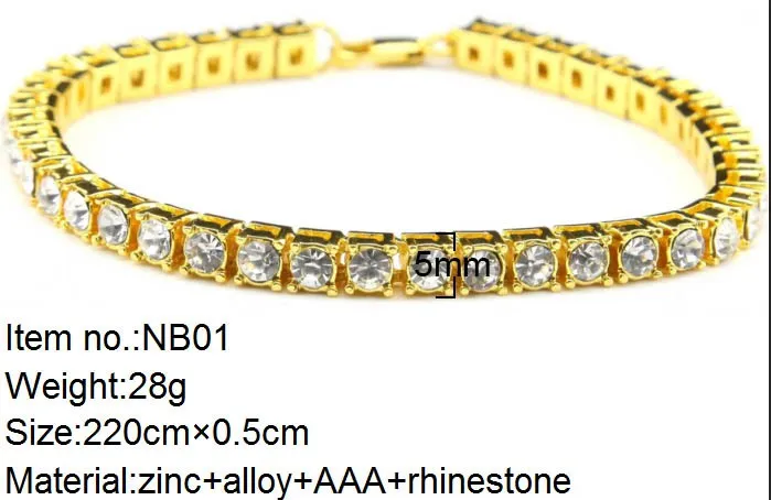 Iced Out 1 Row Rhinestones Bracelet Men Hip Hop Style Clear Simulated Diamond 7/8/9inches Bracelet Bling Bling