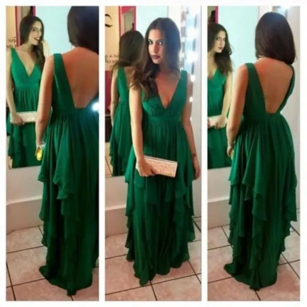 Superbes robes de bal bon marché sexy col en V profond dos nu vert émeraude en mousseline de soie robes de soirée asymétrique volants jupe sur mesure