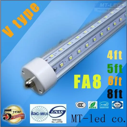 T8 V-vormige 4FT 5FT 6FT 8FT T8 Tubes Lights Cooler Deur LED-buizen Enkele Pin FA8 28W 32W 45W 65 W Koud wit AC 85-265V + CE ROHS UL