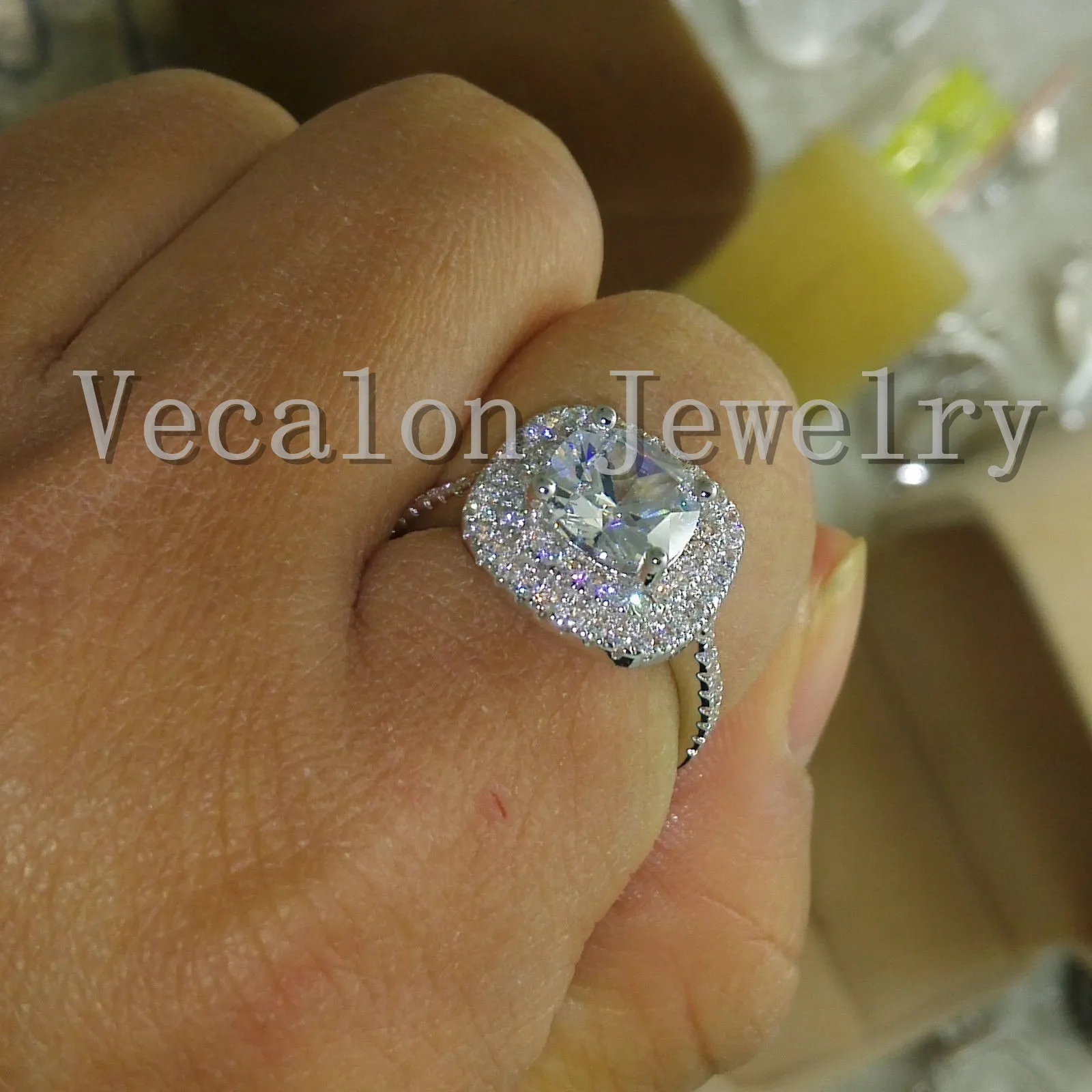 Vecalon 2016 Mode Design Engagement Wedding Ring för kvinnor 3CT Simulerad Diamond CZ 925 Sterling Silver Kvinna Band Ring