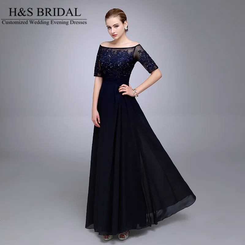 Real Picture Navy Blue Evening Dresses 2016 Half Sleeve Pärled Chiffon Formal Mother of the Bride Groom Dresse Appliced ​​Lace Form3212268