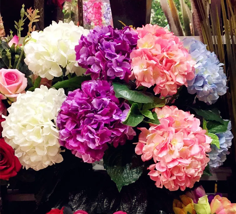 100pcs 인공 수국 꽃 가짜 단일 수국 꽃꽂이 결혼식 Centerpieces 홈 파티 장식 꽃
