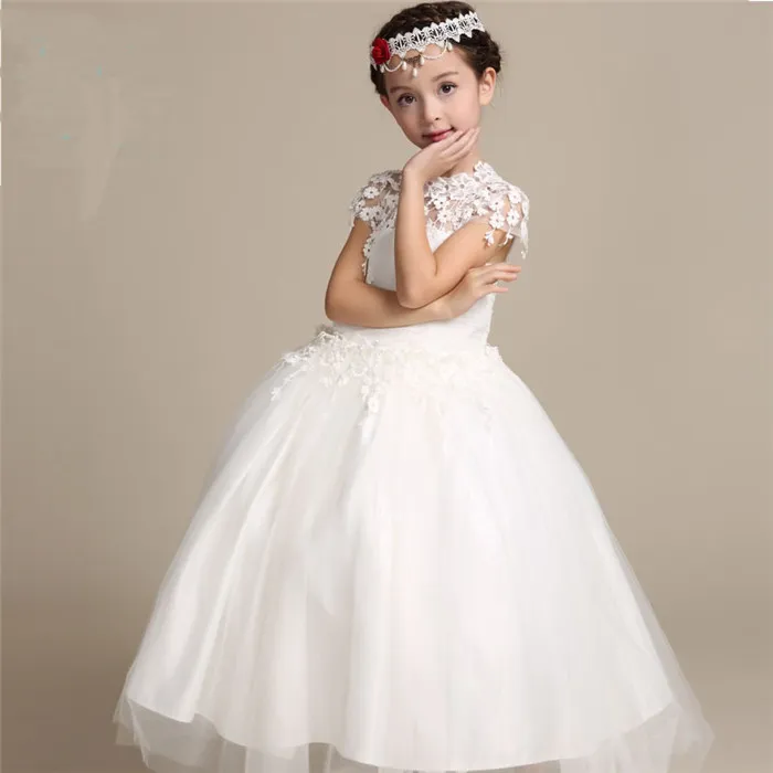 2016 Yeni Çiçek Kız Beyaz Organze Elbise Prenses Noble Elegance Düğün Dantel Kapalı Omuz Doğum Günü Partisi Noel Düğün Için