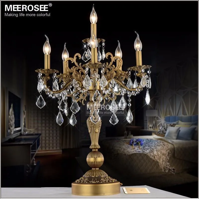 French Vintage Crystal Table lamp Luxury Bronze Color Desk Indoor Home lighting fixture E14 bulbs for Living room Bedroom Hotel table light