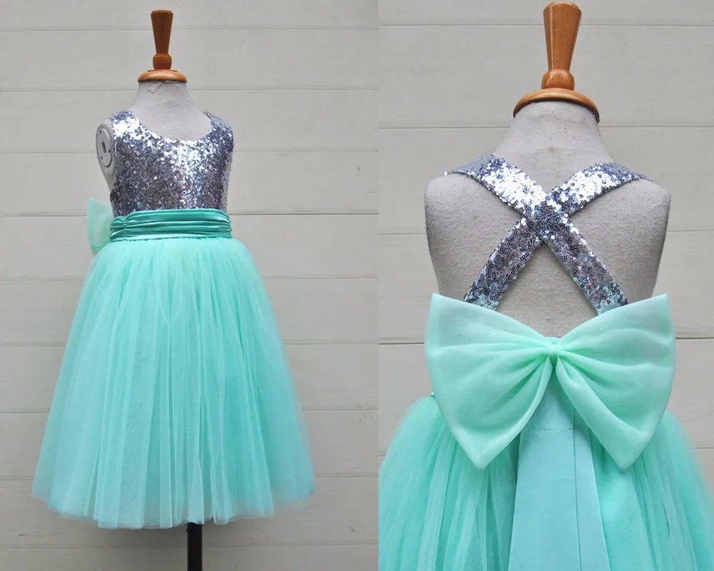 Silver Sequin Mint Tulle Flower Girls Dress Baby Infant Toddler Kids