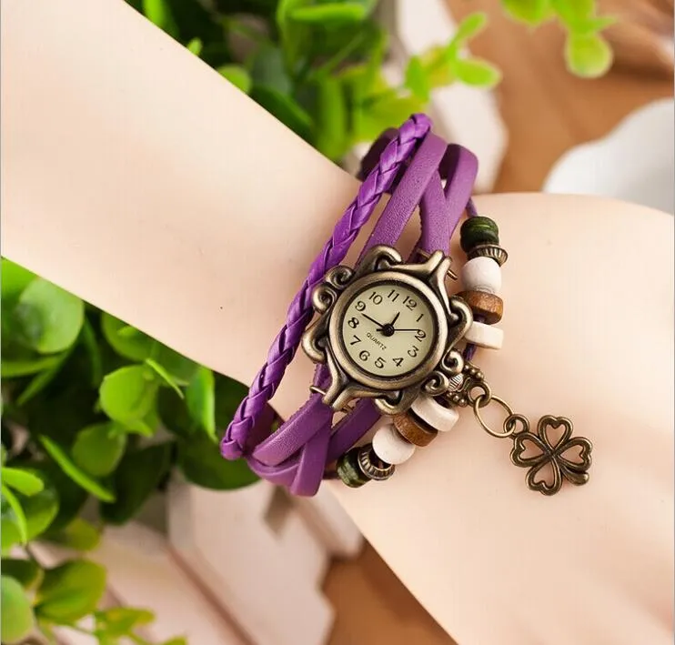 hot sale Leather Hand Knit Vintage Watches Dress bracelet Women Girls Ladies clover Pendant Retro