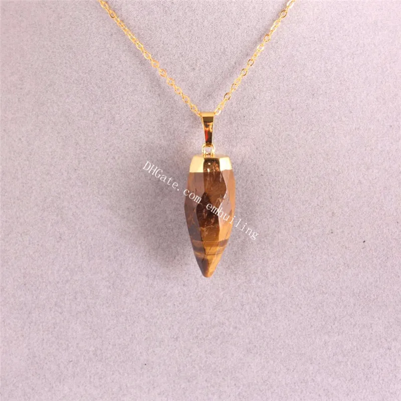 Gold Plated Hand Cut Faceted Gemstone Point Pendulum Pendant Natural Polished Agate Jade,Raw Mineral Drusy Rock Pendant Charm Necklace Beads