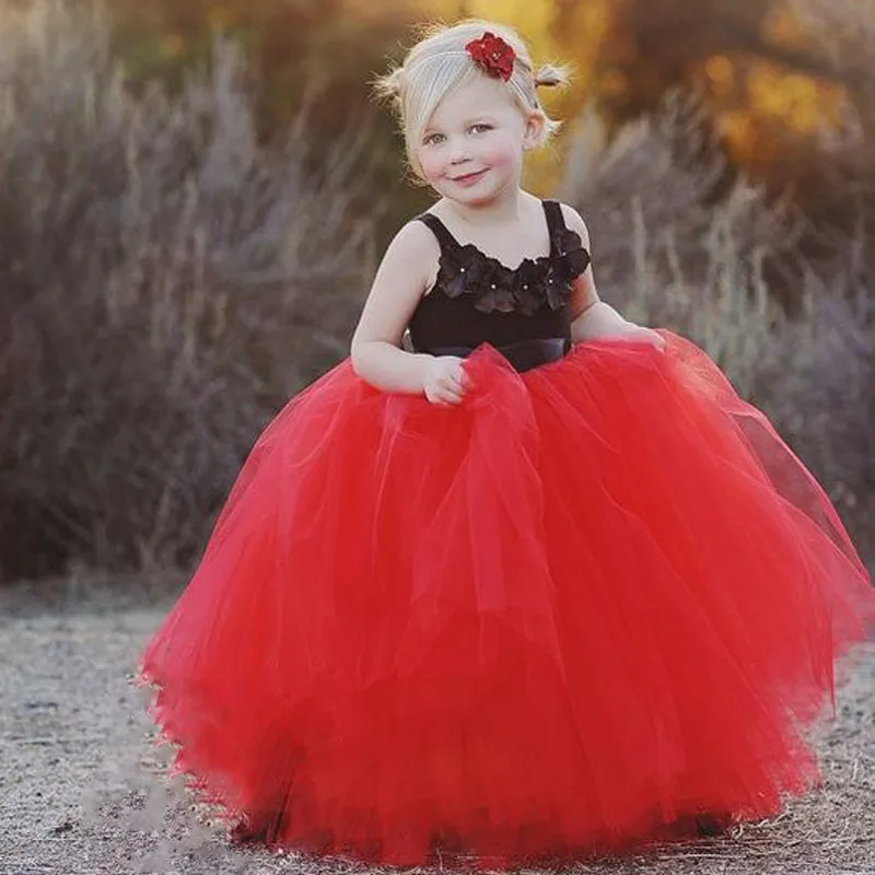 2016 Red Flower Girl Dresses Lovely Spaghetti Flower Appliques Tutu Long Ball Gowns Black And Red Little Girl Wedding Party Dresses