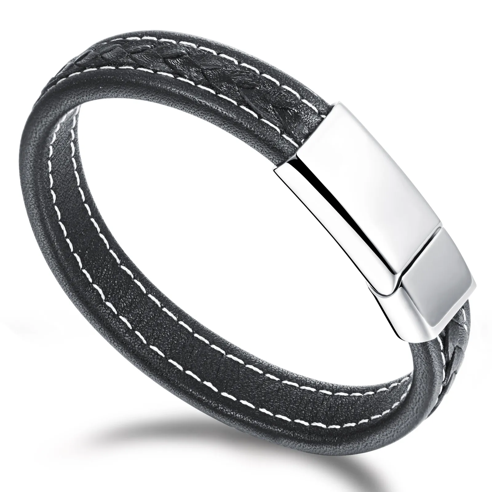 Brandneues schwarzes Echtleder-Armband, 12 mm, silberfarbener Edelstahl, Vogue-Herrenschmuck, Armreif mit Magnetverschluss