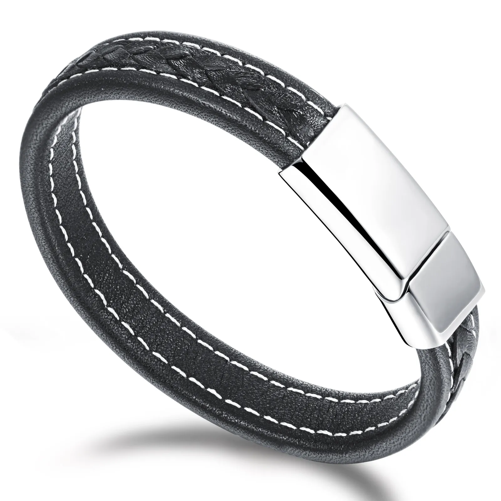 Brand New Black Genuine Leather 12mm Silver Tone Stainless Steel Vogue Mens Jewelry Bangle Bracciale a scatto magnetico