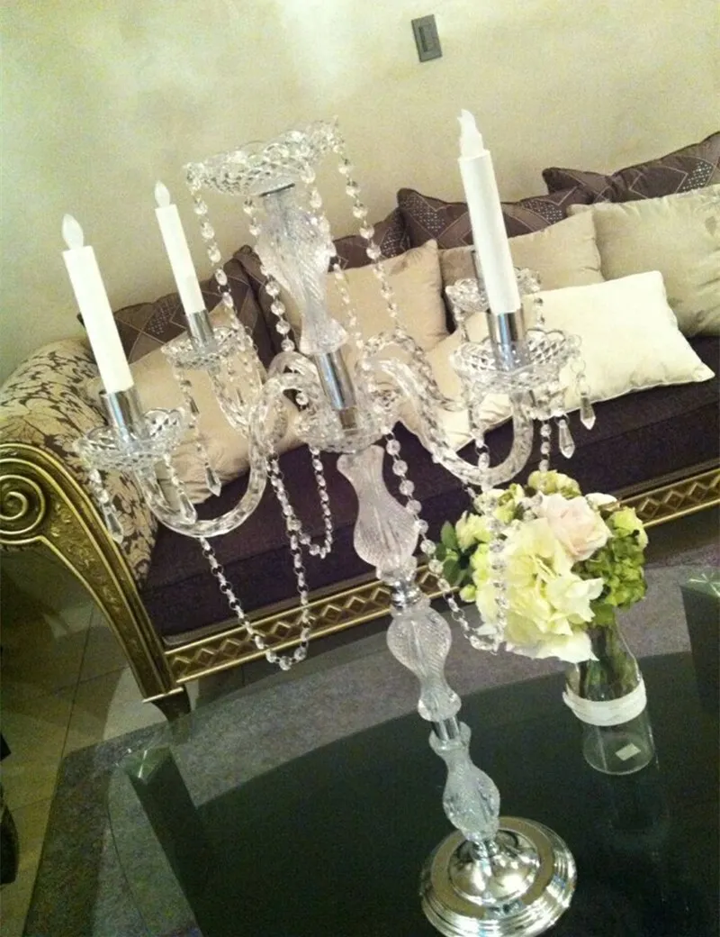 New arrival 90cm height Acrylic 5-arms metal candelabras with crystal pendants wedding candle holder centerpiece