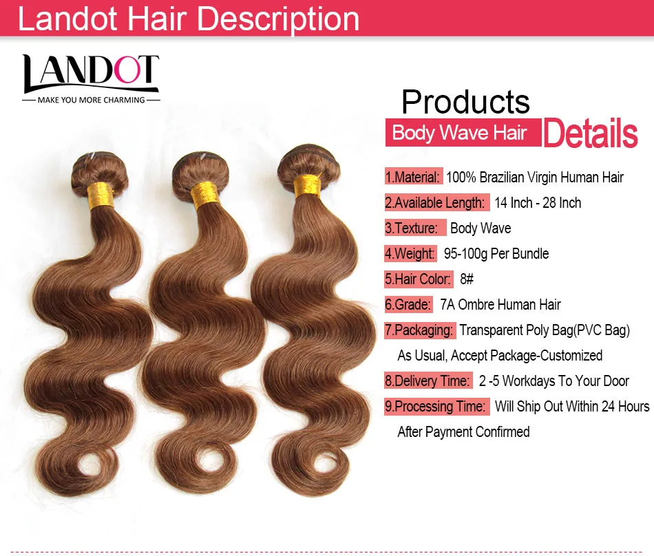 Peruviano malese indiano Brasiliano Body Body Wave Human Hair Capelli Tessuto Bundles Colore naturale / Dark / Medio / Luminoso Capelli Marrone Estensioni Colore 1b / 2/4/8 #