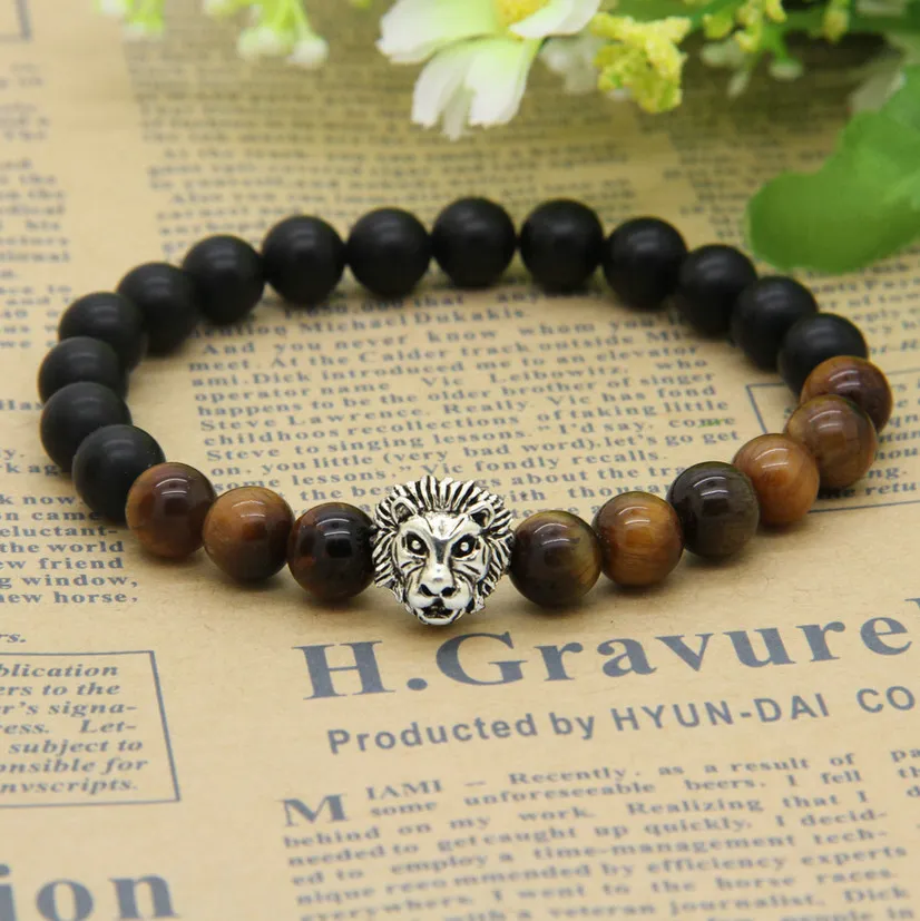 New Design Mens Bracelets Wholesale 8mm Natural Tiger Eye and Matte Agate Stone Beads Gold Lion Head Bracelets, Party Gift