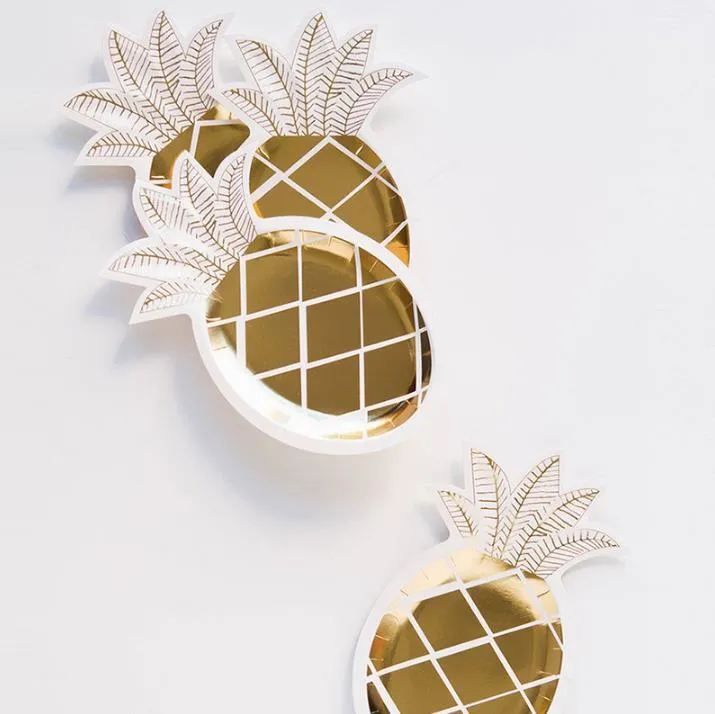 Pineapple Paper Plates White and Gold Pineapple Party Supplies Fruit Partyware Tropical& Hawaiian Luau Party