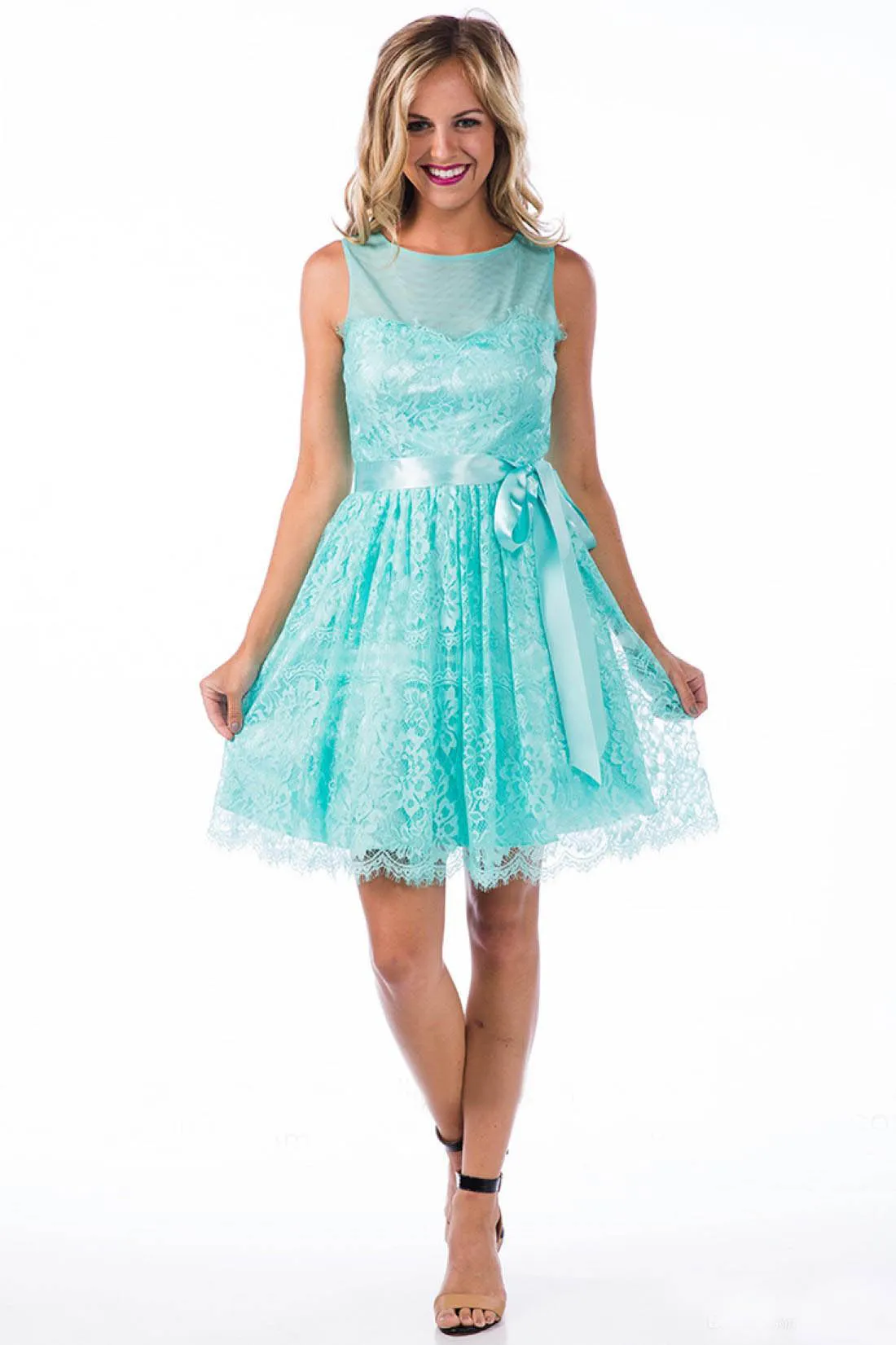 Turquoise Lace teal bridesmaid dresses short 2019 - Country Jewel Neck, V-Shaped Back, Knee Length, Custom-Made with Sash - EN80921