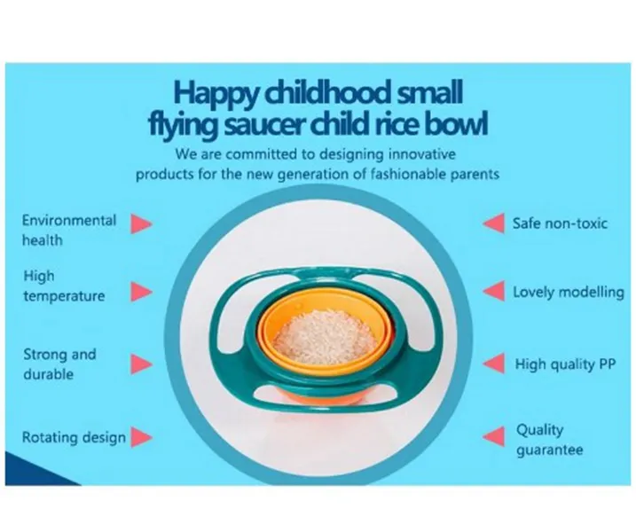 360 Roterande barnsäker, spillfri matning av småbarnsgyroskål med lock Undvik matspillning för barn Skapasskål som mattillbehör
