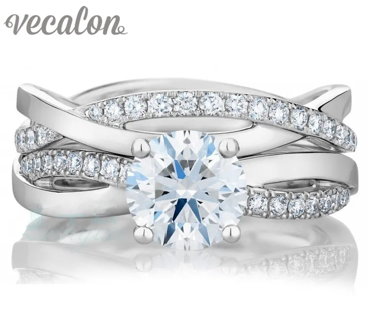 Vecalon 2016 Fashion Engagement Wedding Ring Set för Kvinnor 1CT Simulerad Diamond CZ 925 Sterling Silver Kvinna Band Ring R200