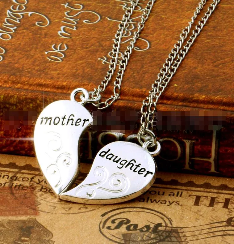 Heart Pendant Jewellery Mother Together with Daughter Zinc Alloy Chain Length 50cm Pendant Necklace Silver