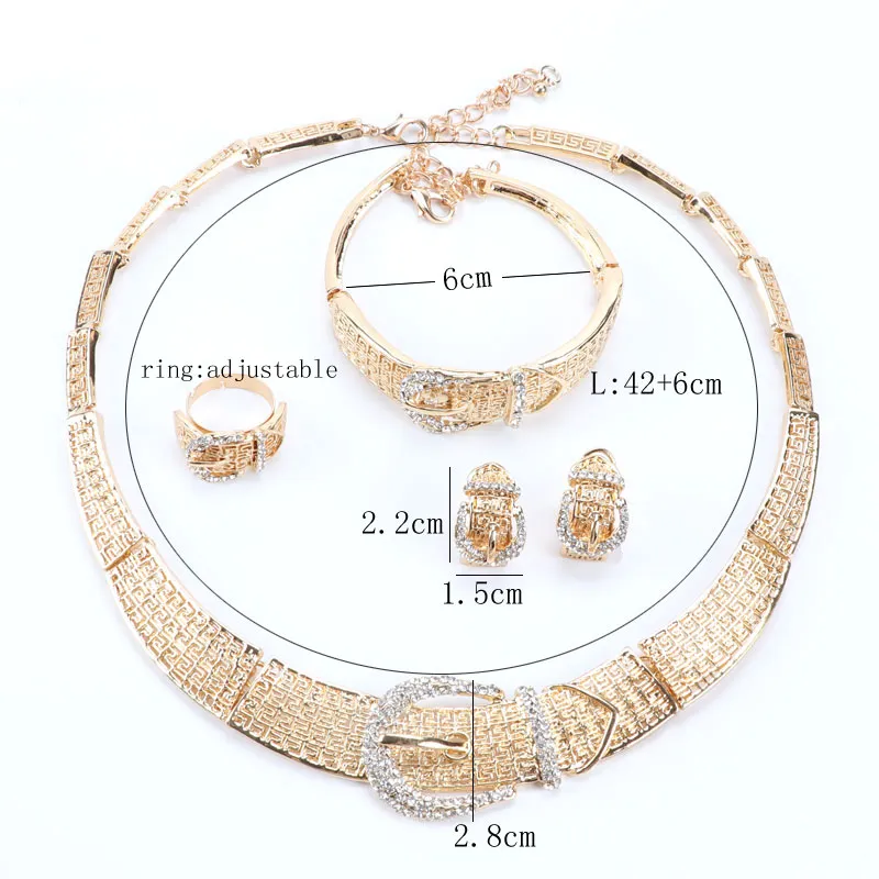 Conjunto de joyería de boda chapada en oro de 18 quilates, diseño africano de moda, collar de moda con diamantes de imitación, pulsera, anillo, pendiente