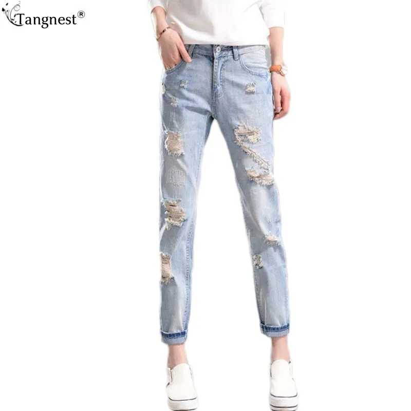 Hurtownia Tangnest Casual Boyfriend Ripped Jeans 2017 Kobieta Moda Marka Design Otwory Dżinsowe Spodnie Koszulki Długość Loose Jean Plus Sizewkn424