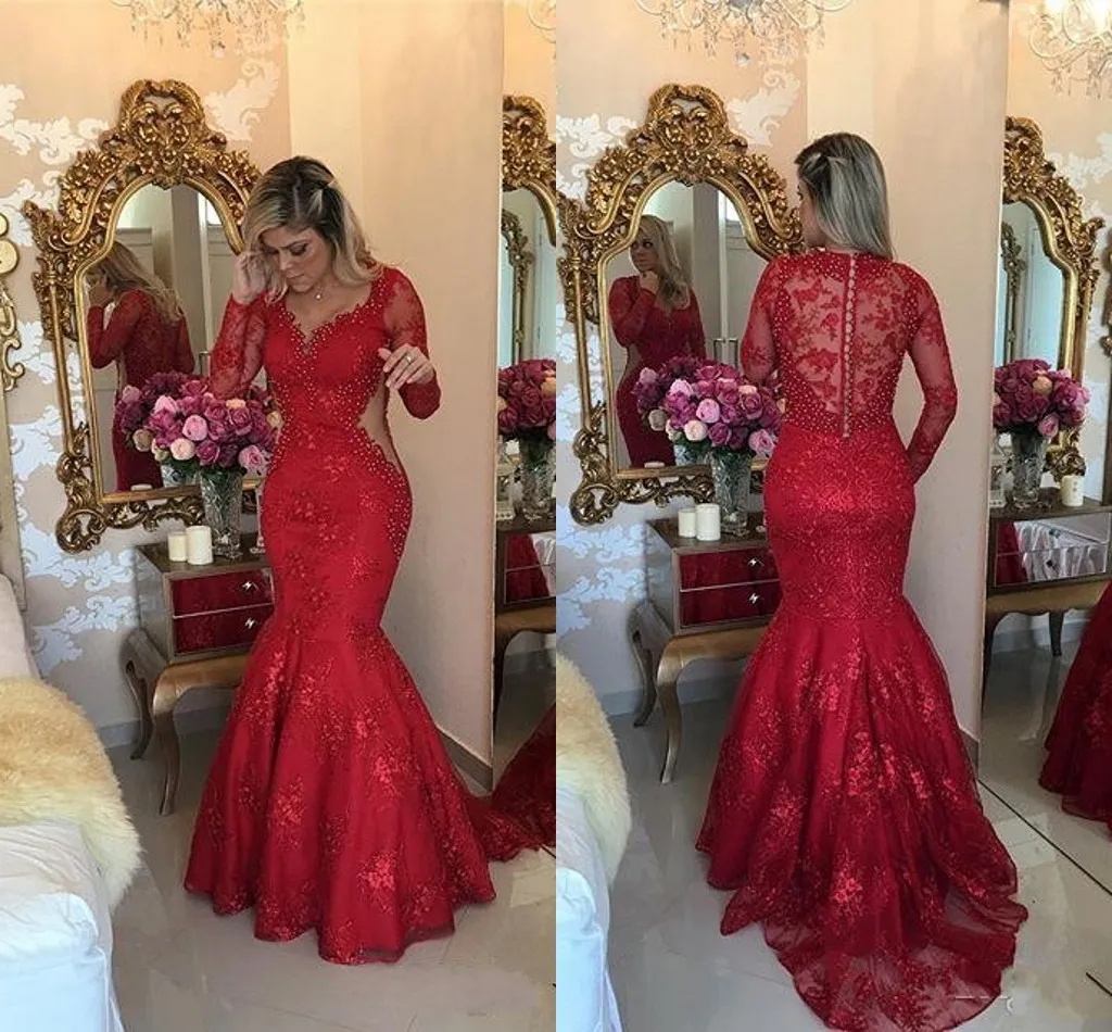 Laço vermelho Sereia Vestidos de Baile Illusion Manga Longa Sheer Voltar Cutaway Lados Sexy Evening Vestidos Sweep Train Plus Size Árabe Desgaste Formal