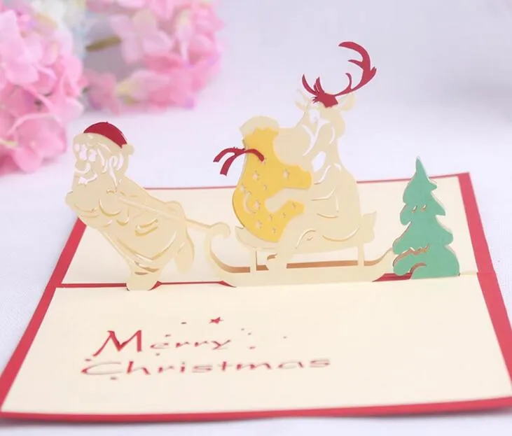 Santa Claus Sled Handmade Kirigami Origami 3D Pop UP Greeting Cards Invitation Postcard For Birthday Christmas Party Gift