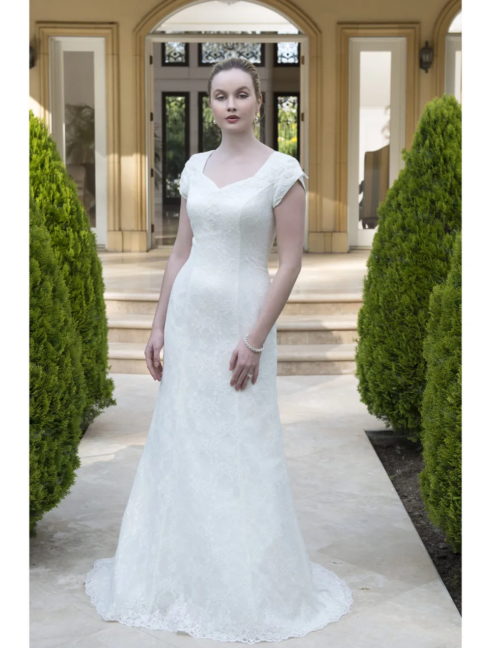 Modest Lace Wedding Dress with Capped Sleeves and Queen Anne Sweetheart  Neckline, Covered Button Back, Trumpet Silhouette, Ivory from Dhgate  Mermaid Wedding Dresses - price 125.35