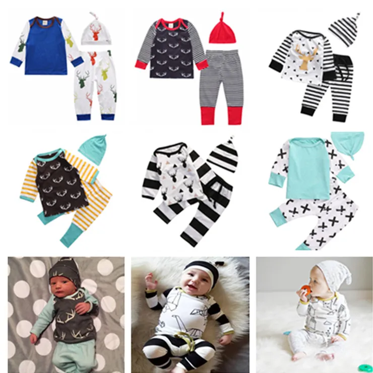 2017 Vestiti appena nati Set Ragazze Ragazzi Vestito di Natale Deer House Stampa T-shirt in cotone a maniche lunghe + Pantaloni + Cappello Bambino Autunno Abbigliamento Indumenti da notte