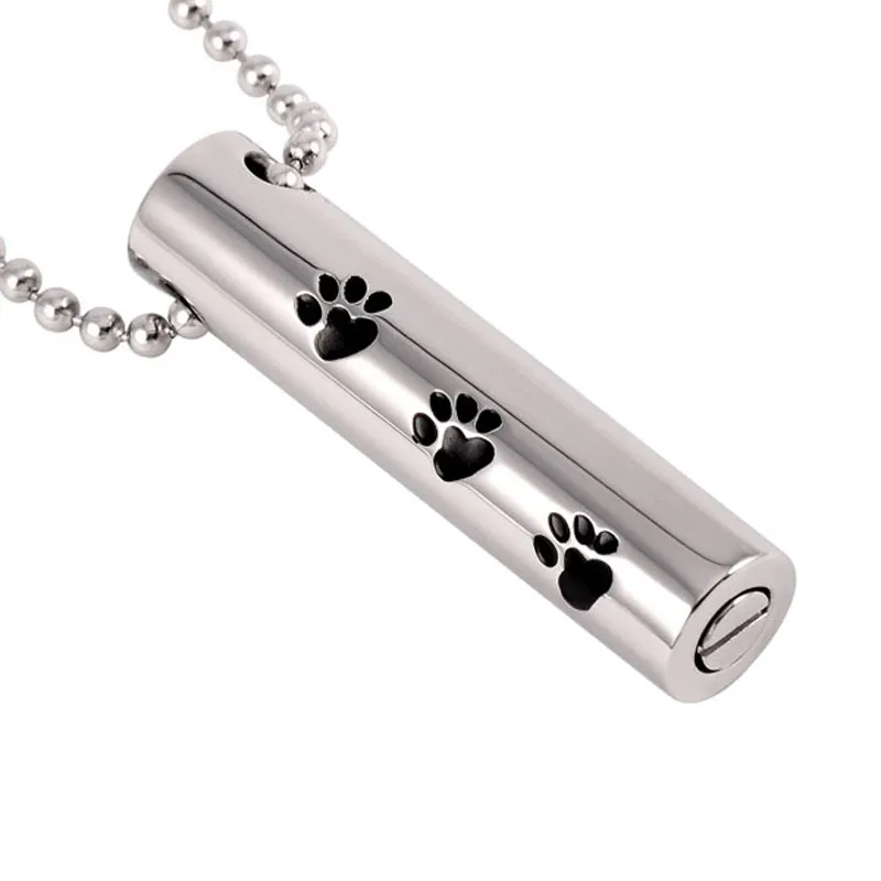 IJD2473 colgante de la urna del cilindro de la impresión del gato / del perro del acero inoxidable de la plata y del negro para el colgante de la conmemoración del recuerdo de la ceniza conmemorativa del animal doméstico