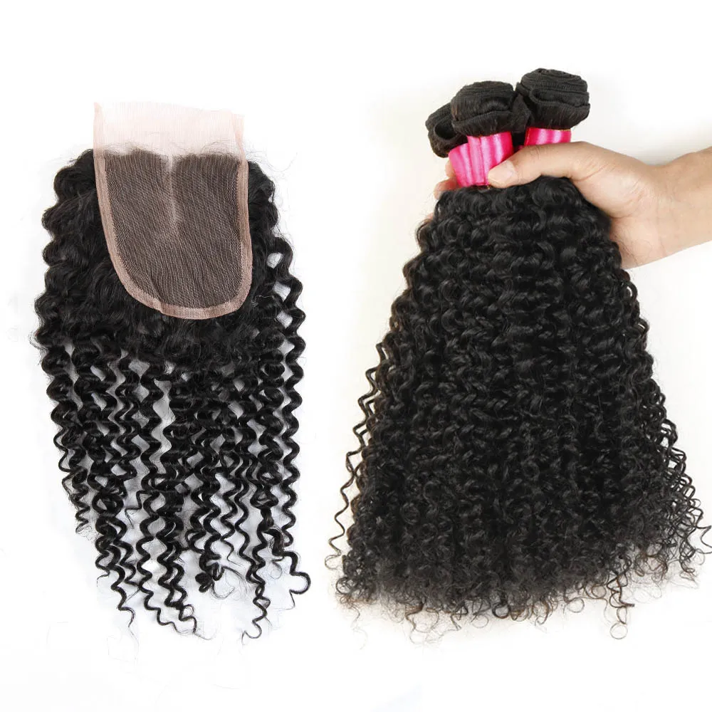 Верхнее закрытие кружевного кружева с 3BUNDLES BRAZIIAN KINKY Curly Extensions Virgin Malays Hair Top Closures4x4.