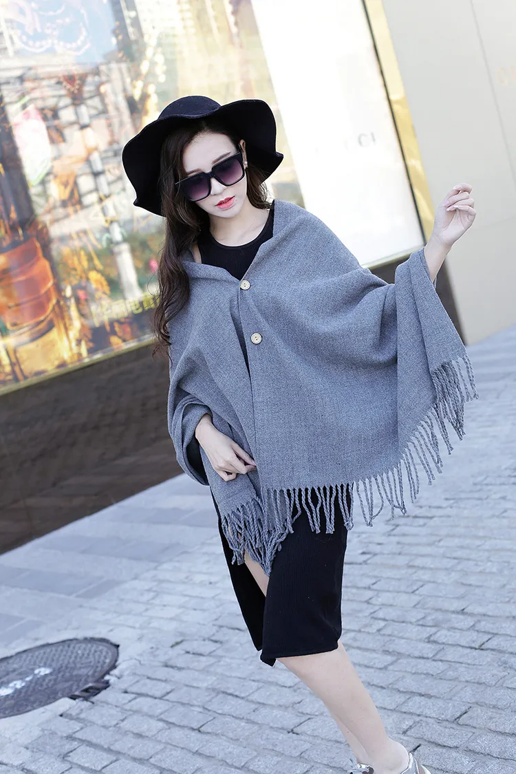 Women Solid Scarf Winter 2017 New Tassel Button Faux Cashmere Shawl Poncho Cape Wrap Warm Pashmina