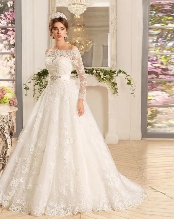 Vestido De Noiva Manga Longa Three Quarter Sleeves A line Wedding Dress With Sash Plus Size Lace Vintage Wedding Dresses 2016