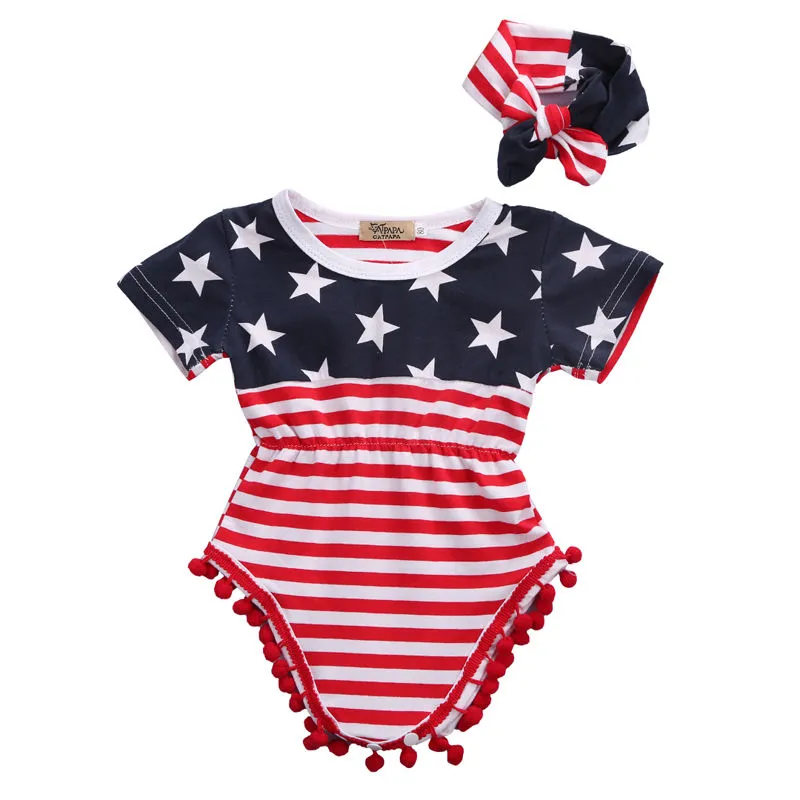 Neugeborenes Baby Mädchen Kleidung Kurzarm Quaste Strampler Der Nationalflagge Druck Overall + Stirnband 2 Stücke Kinder Outfits Mädchen Kleidung Set