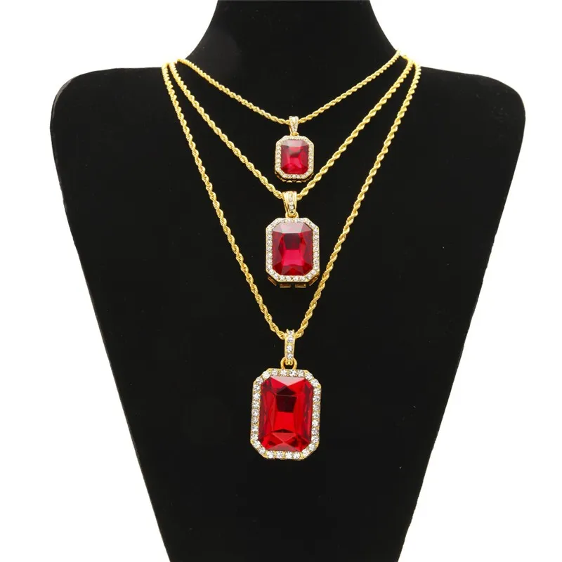 Hip Hop Men Jewelry Bling Iced Out Three Layer Ruby Pendant Necklaces Set with 20inch 24inch 30inch Chian