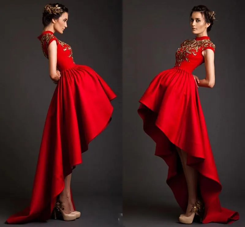 Krikor Jabotian Red Prom Dresses High Niski 2016 Vintage Musing Gold Beads Cekiny z plisami Wysoka szyja Długa gwiazda suknie wieczorowe