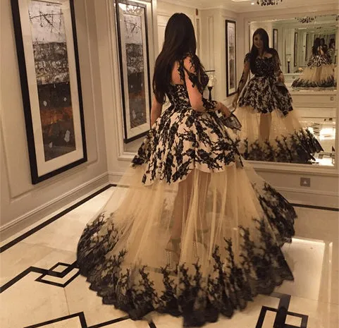 2016 Arabski Trend Ball Suknie Wieczorowe Suknie Czarna Koronkowa Prom Dress Szampana Tulle Aplikacje Arabskie Dubai Długie Rękaw Rewolucjonistki Capet Dresses