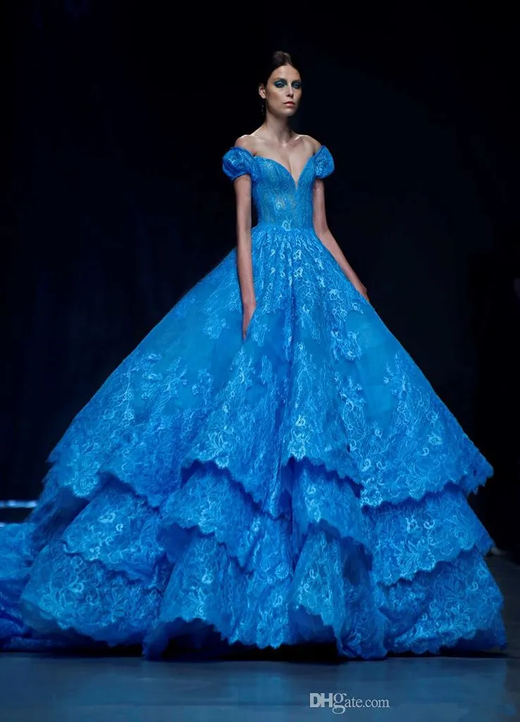 Schulterfrei Michael Cinco Königsblau Ballkleid Abendkleider Formelles Celebrity Dress Lace Abendkleider Applizierte Tiered Layered Train