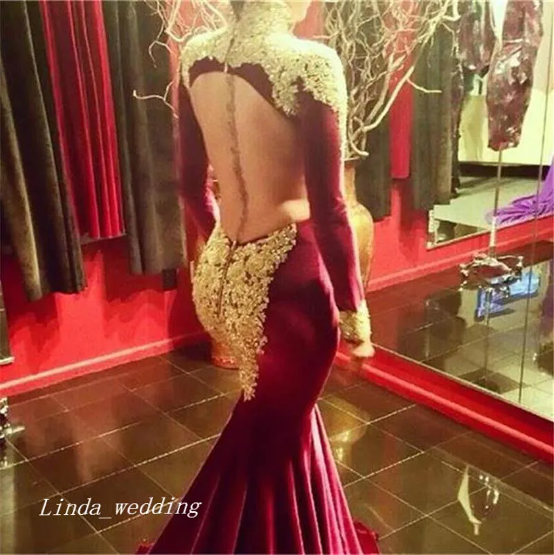 2019 Burgundia Czerwony Z Długim Rękawem Prom Dress Sexy Dubaj Kaftan Backless Specjalne okazje Dress Party Dress Plus Size Vestido de Festa Longo