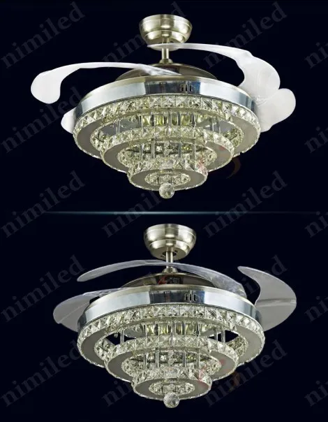 NIMI934 42 Moderna 3 ringar LED Invisible Driveble Crystal Fan Lamp vardagsrum Ljus Restaurang Chandelier Bedroom Pendan272T