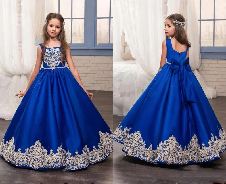 Royal Blue Flower Girl Dresses Square With Gold Applique Girls Cupcake Dress Back Zipper With Bow Satin A-Line Floor-Length Pageant Grows