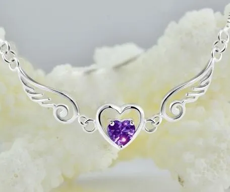 Vingar hjärta kristall halsband 925 silver ängel vingar halsband kedja halsband hjärta pendant gåva för kvinnor dhl
