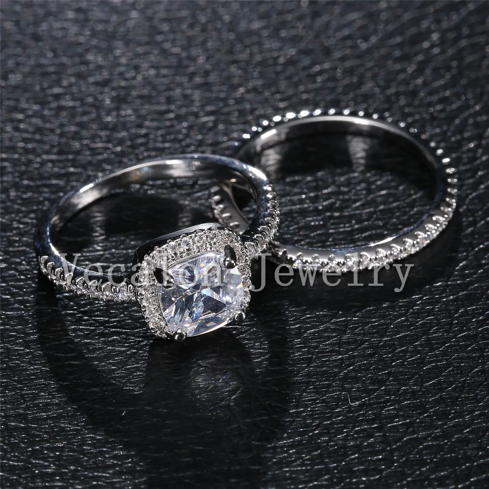 Vecalon 2016 almofada corte 3ct simulado diamante cz anel de banda de casamento conjunto para mulheres 10kt branco ouro enchido noivado conjuntos de noiva
