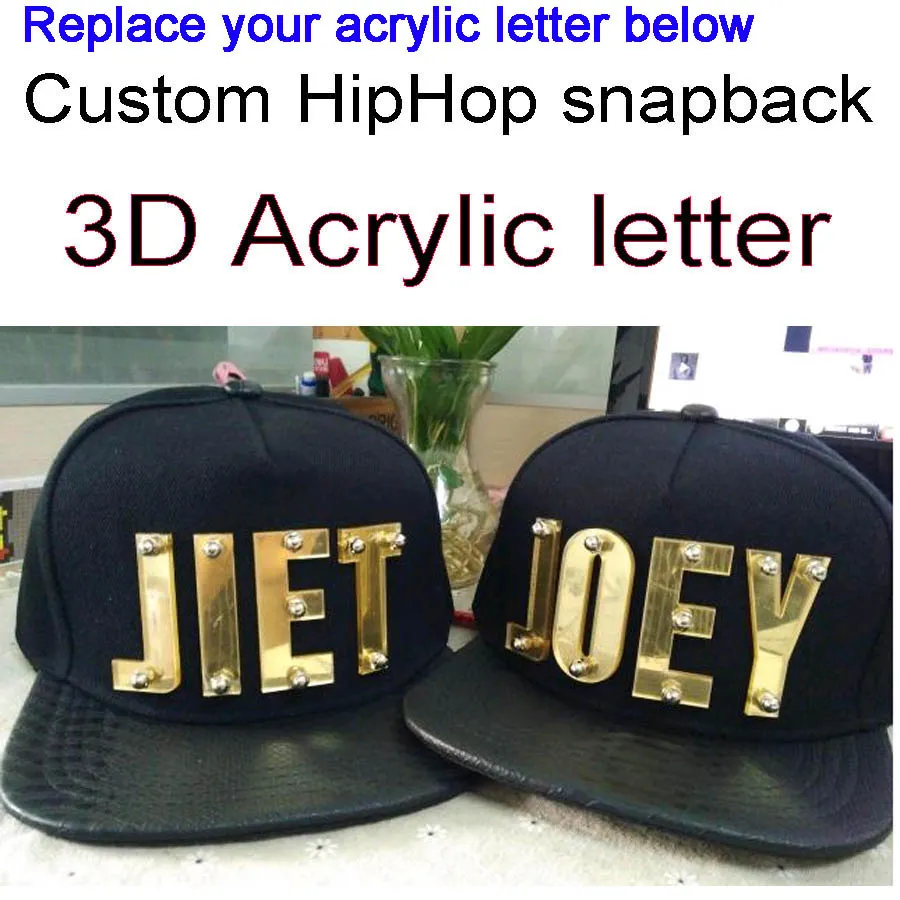 Anpassade snapbacks 3d akryl bokstäver pu läder platt visir hattar hela justerbar akryl hiphop cap8711670