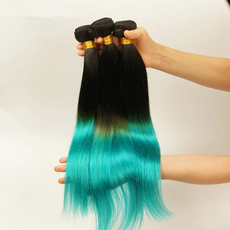 9A Maleisische 1b Teal Two Tone Humal Virgin Hair Bundles 3 stks Kavel Silky Straight Extensions Donkere Wortels Teal Green Ombre Menselijk Haar Weeft