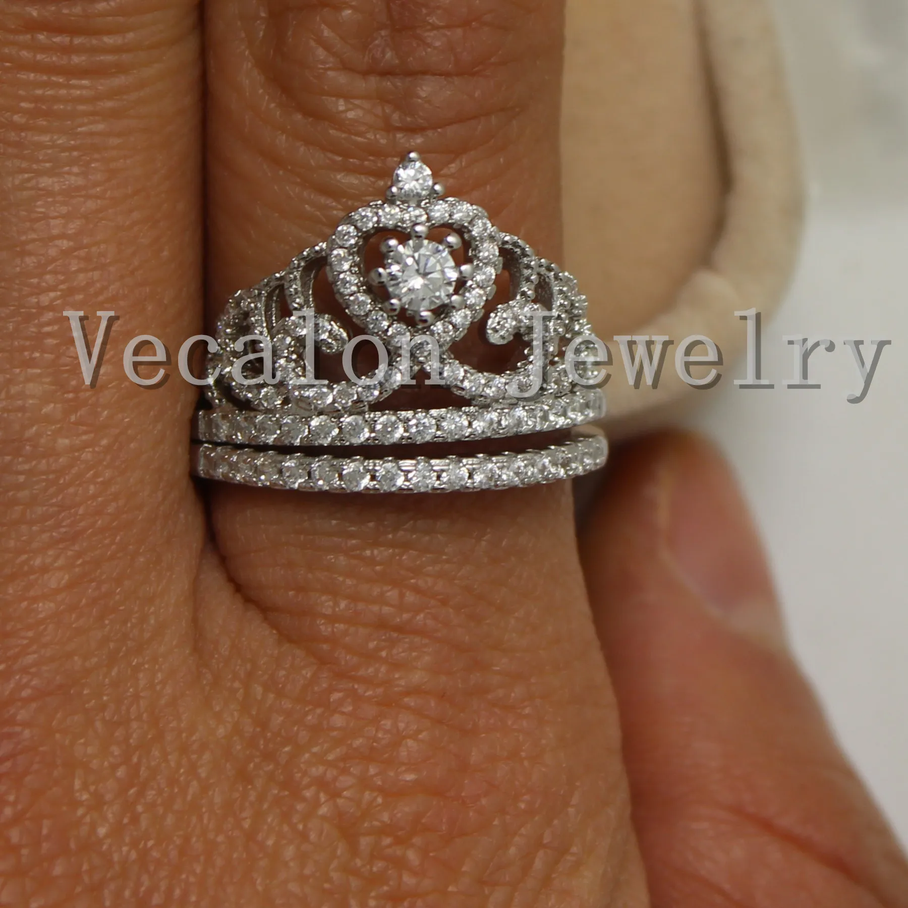 Vecalon Fashion Crown Obrączka Zestaw do kobiet Symulowany Diamond CZ 10KT White Gold Wypełnione żeński pierścień zaręczynowy pierścień