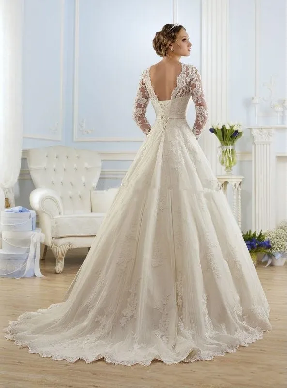 Ivory White Lace Illusion Bateau Applique Long sleeve wedding dresses with Long Sleeves, A-line Vintage Court Train, and Laces-Up Bridal Party Gowns