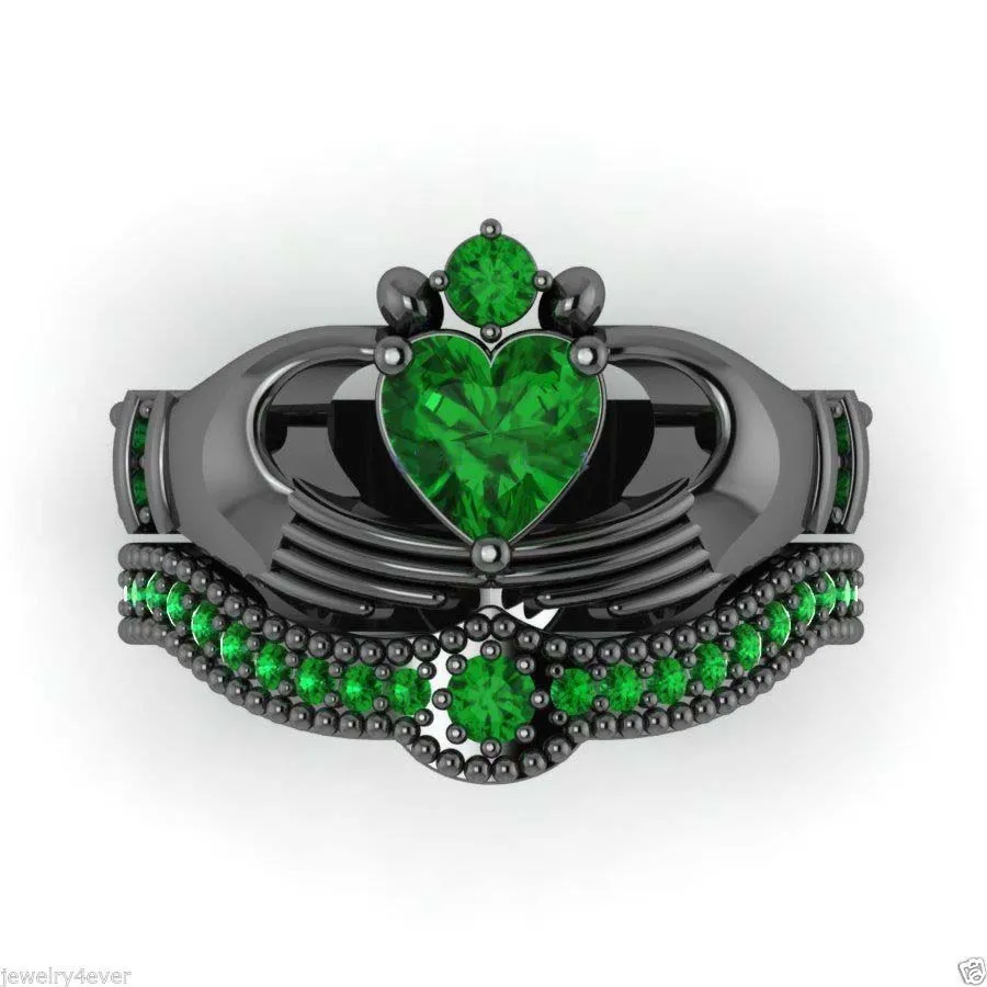 Ireland Eternal Claddagh Ring Set: Classic 10KT Black Gold Filled 1CT Heart  Green Sapphire Women's Wedding Ring, Size 5-11