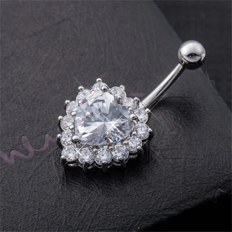 High End 18K White Gold Plated Shiny Big Red/White Cubic Zircon Heart Belly Ring Body Piercing Button Ring for Girls Womenn