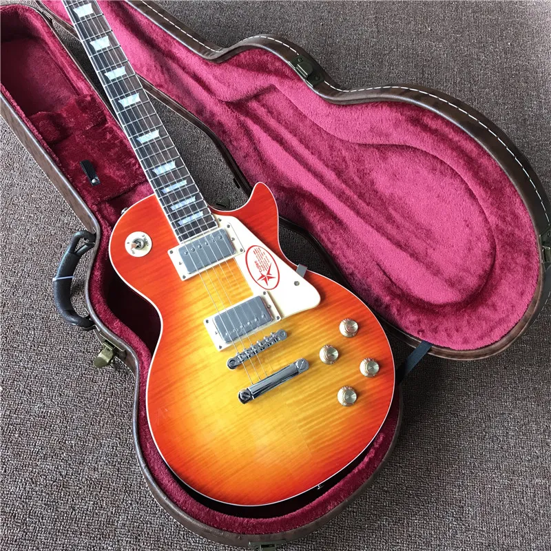 Ny 1959 R9 Högkvalitativ Tiger Flame Elektrisk gitarr i Cherry Burst Color, Standard 59 Elektrisk gitarr i Stock Guitarra