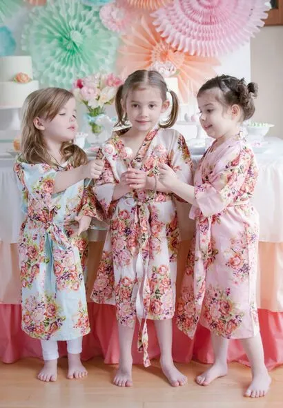 Kids Cotton Floral Kimono Robe Bathrobe Soft Breathable Blue Pink 6 12 Years Short Sleeve for Spa Party Wedding Birthday